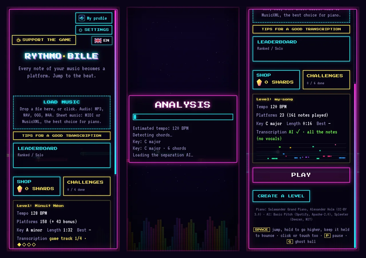 The three import steps: the menu with the “Load music” area, the analysis screen and the level ready to play