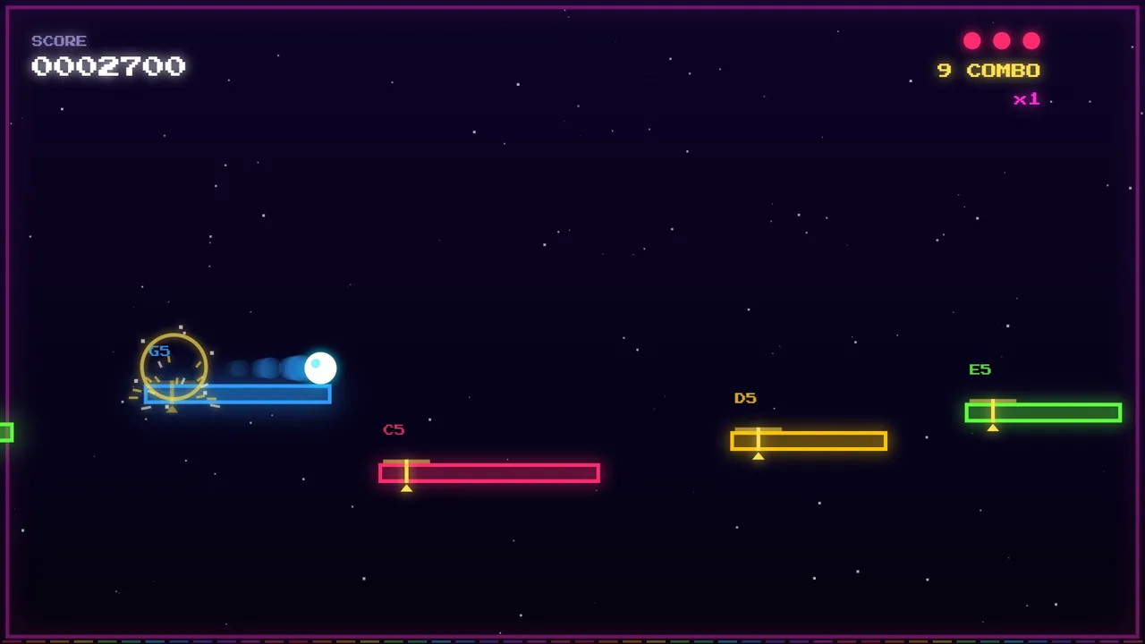 A game of Rythmo Bille: the ball jumps across neon platforms, each labelled with its note